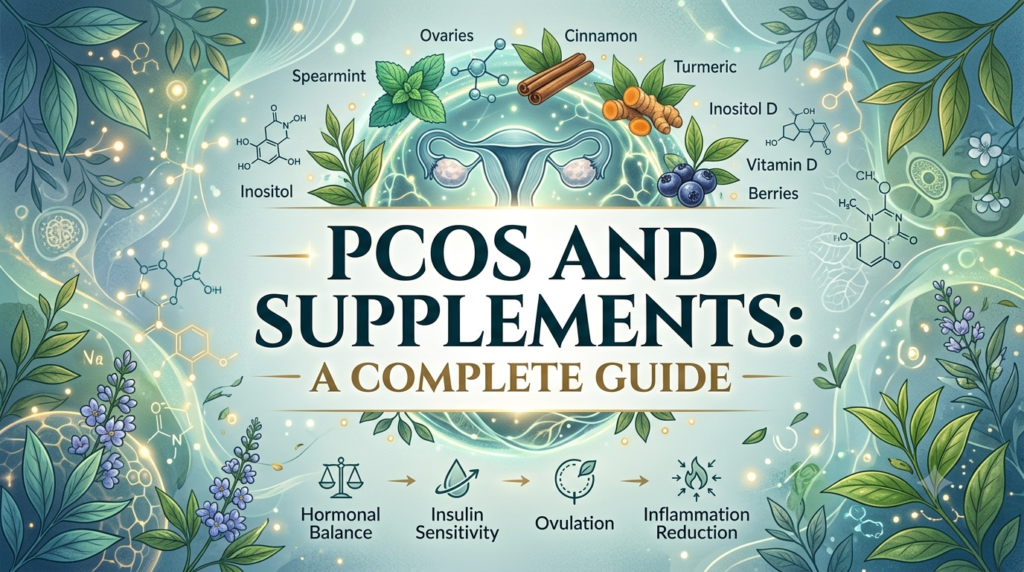PCOS and Supplements A Complete Guide - make image of this title and unique background